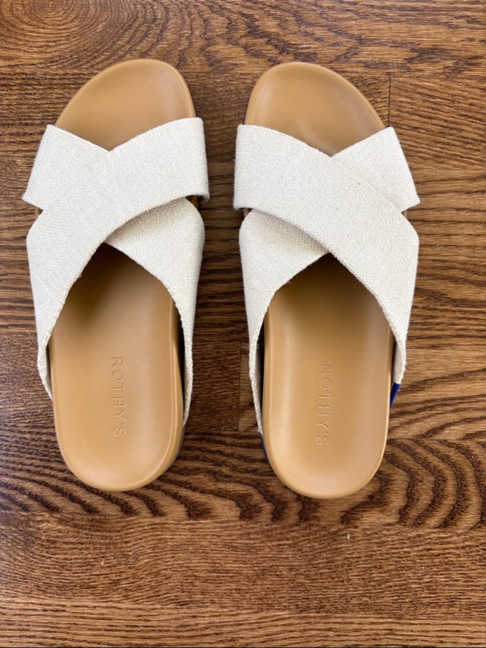 Rothy's Cream Crisscross Slide Sandals with Tan Footbed